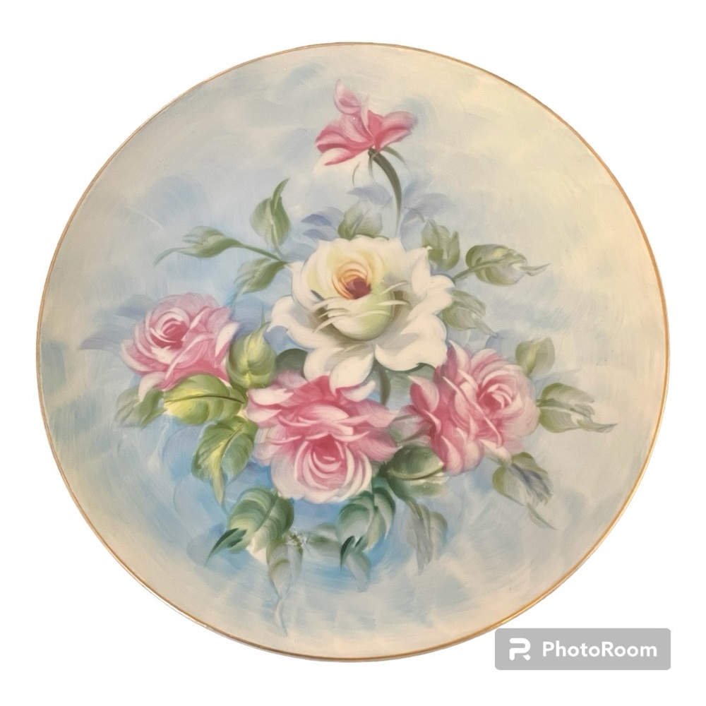 LEFTON hand painted hanging plate |blue w/pink roses|quality & color EUC SL-2816